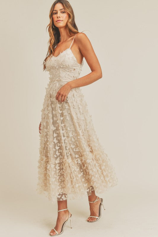 CREAM BUTTERFLY MESH LACE UP BACK BUSTIER MIDI DRESS large