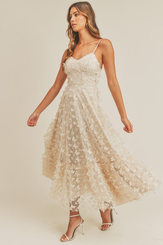 CREAM BUTTERFLY MESH LACE UP BACK BUSTIER MIDI DRESS large CREAM BUTTERFLY MESH LACE UP BACK BUSTIER MIDI DRESS large