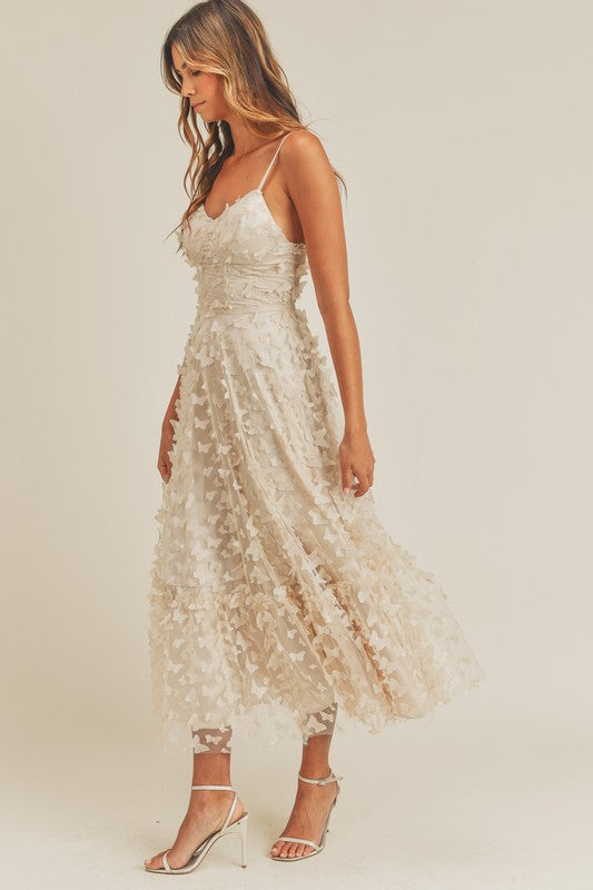 CREAM BUTTERFLY MESH LACE UP BACK BUSTIER MIDI DRESS large CREAM BUTTERFLY MESH LACE UP BACK BUSTIER MIDI DRESS large