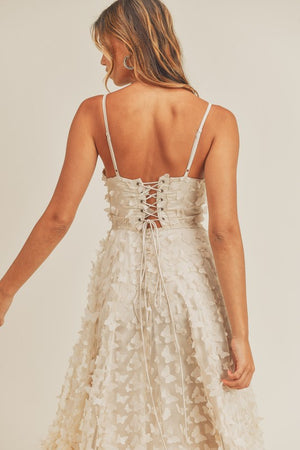 CREAM BUTTERFLY MESH LACE UP BACK BUSTIER MIDI DRESS