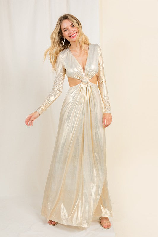 Gold Shiney Metallic Maxi Dress Large Gold Shiney Metallic Maxi Dress Large