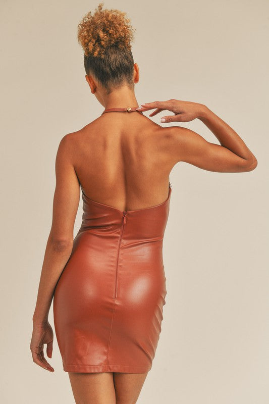 Camel Vegan Leather Halter Mini-Dress small Camel Vegan Leather Halter Mini-Dress small