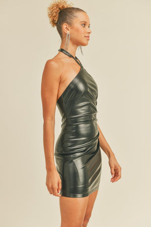 Black Vegan Leather Halter Mini-Dress