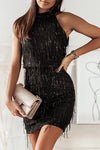 Black Tassel Sequin Mini-Dress