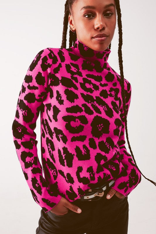 Pink Tiger Print Turtleneck Animal Print Sweater