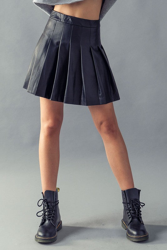 High Waisted Black Vegan Leather Pleated Mini-Skirt