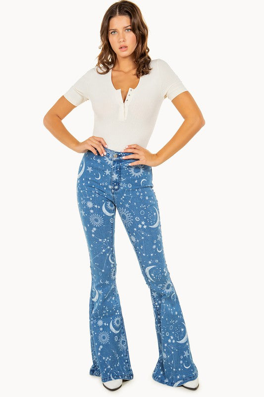 Sun and Stars Printed Flare Jeans
