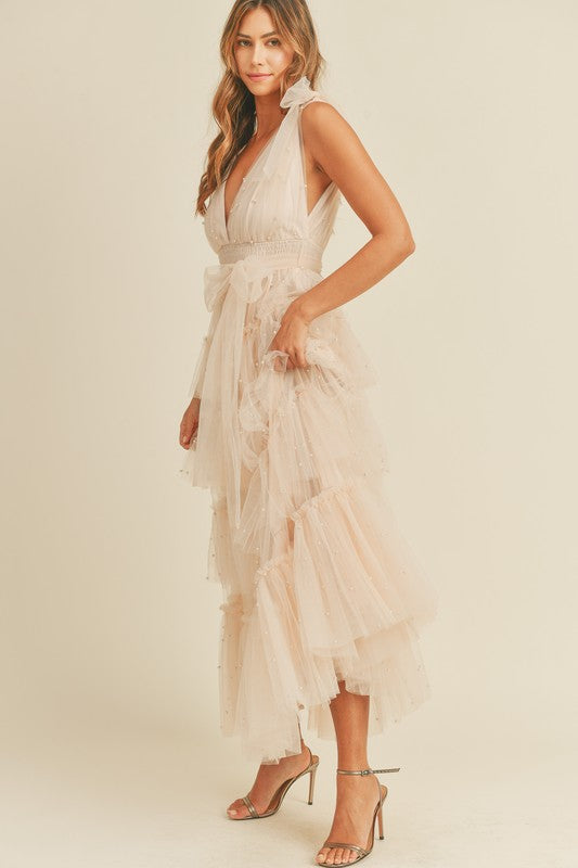 Cream Pearl Studded Mesh Maxi Medium Cream Pearl Studded Mesh Maxi Medium