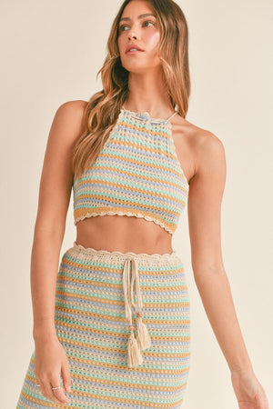 Aqua Multi Crocheted Halter & Skirt Set
