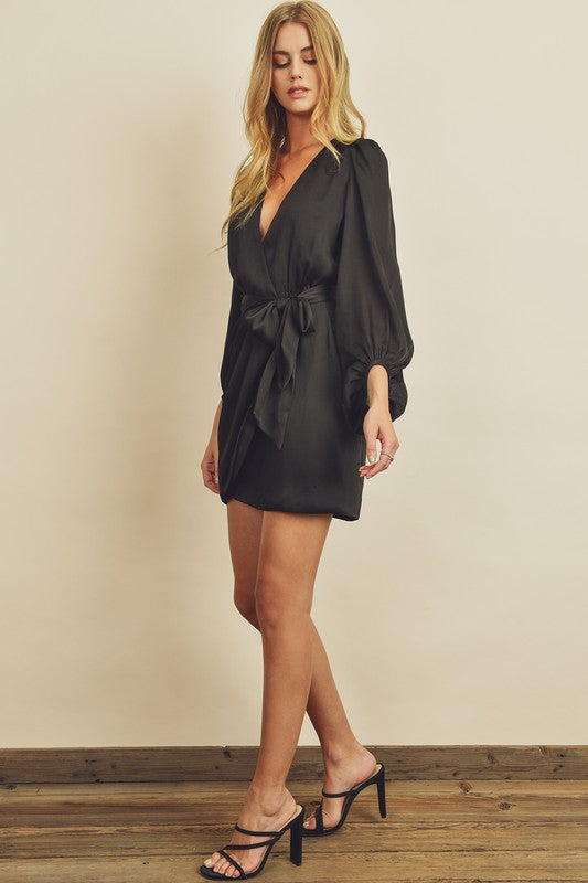 Black Satin Wrap Mini Dress S Black Satin Wrap Mini Dress S