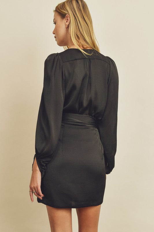 Black Satin Wrap Mini Dress S Black Satin Wrap Mini Dress S
