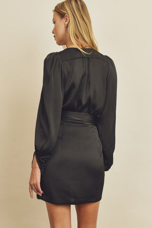 Black Satin Wrap Mini-Dress