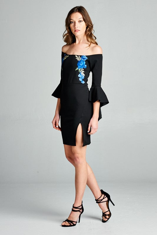 black embroidered off the shoulder dress Irne Sequin Embroidered Off-Shoulder Midi Dress in Black