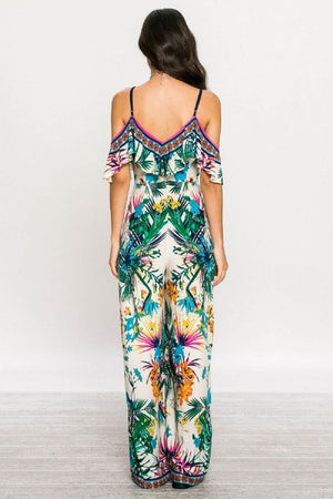 Open Shoulder Tropical Flare Jumpsuit - Hippie Vibe Tribe