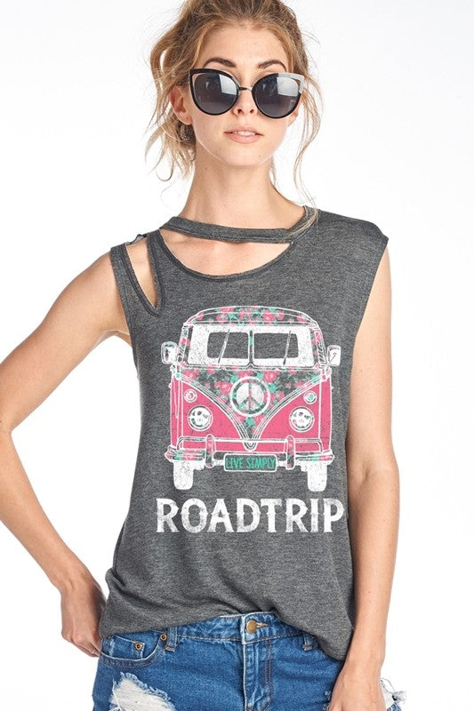 "Roadtrip" Ripped Sleeveless Graphic Tank - Hippie Vibe Tribe