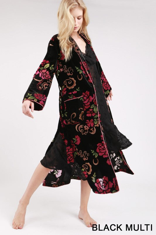 Floral Velvet Long Sleeve Maxi Kimono/Robe Cardigan Medium Floral Velvet Long Sleeve Maxi Kimono/Robe Cardigan Medium