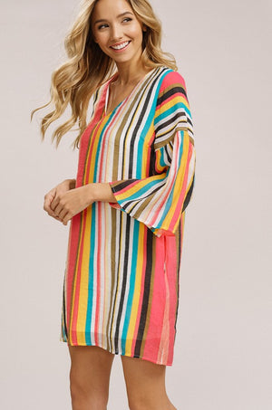 Tropical Striped Bell Sleeve Shift Dress - Hippie Vibe Tribe