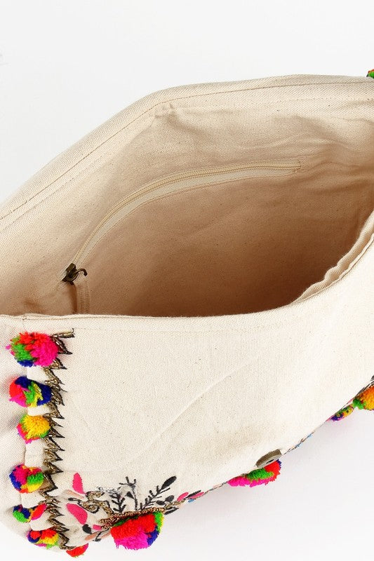 Bohemian Multi-Colored PomPom Flower bag - Hippie Vibe Tribe