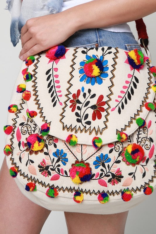 Bohemian Multi-Colored PomPom Flower bag - Hippie Vibe Tribe