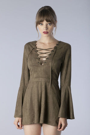 Olive Lace-up Suede Knitted Romper - Hippie Vibe Tribe