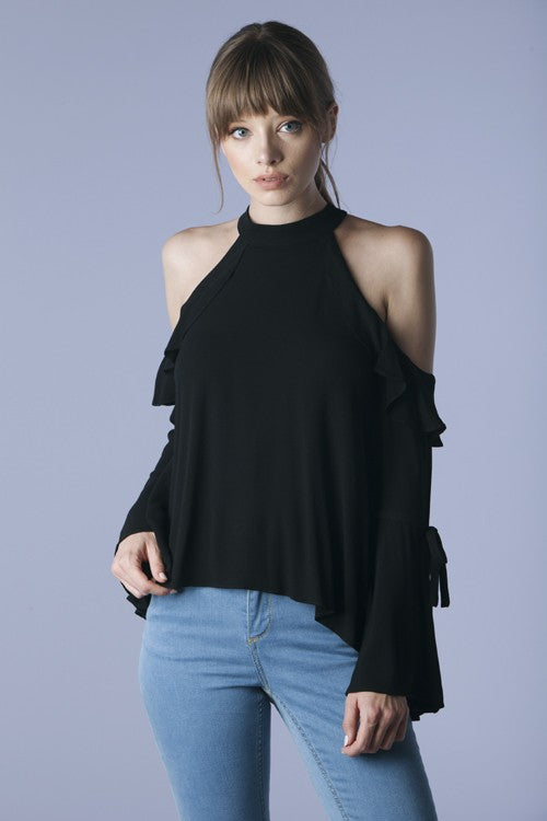 black ruffle cold shoulder top