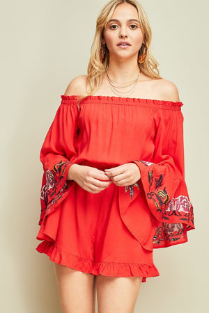 Embroidered Bell Sleeves Shorts Romper - Hippie Vibe Tribe