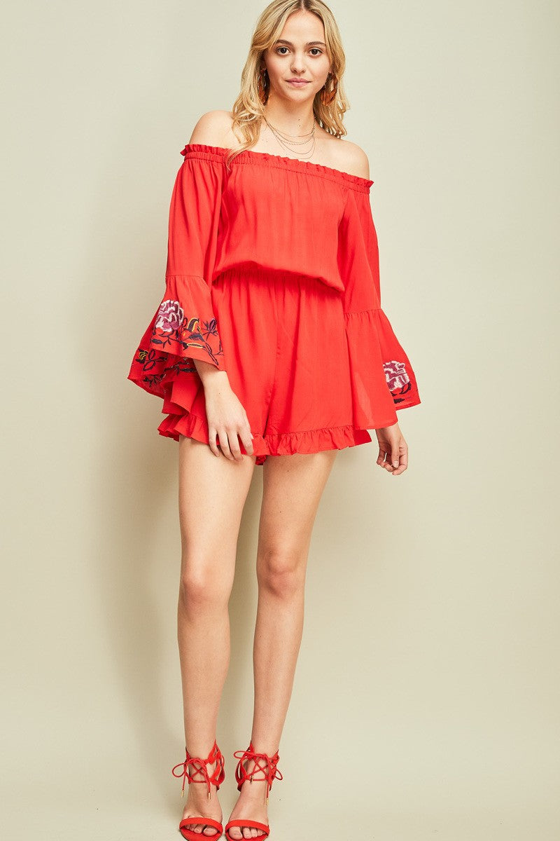 Embroidered Bell Sleeves Shorts Romper - Hippie Vibe Tribe