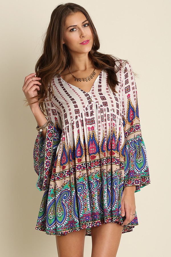 Bohemian Paisley Peasant Dress White/Navy / Large Bohemian Paisley Peasant Dress White/Navy / Large