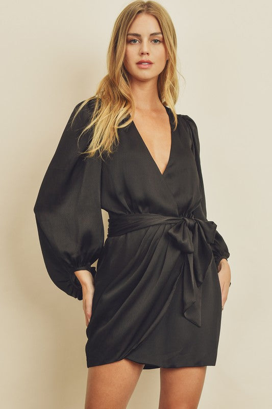 Black Satin Wrap Mini Dress S Black Satin Wrap Mini Dress S