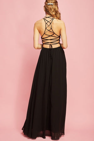 Maxi Halter Criss Cross Back Gown - Hippie Vibe Tribe