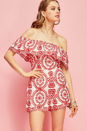 Red Embroidered Off-Shoulder Romper - Hippie Vibe Tribe