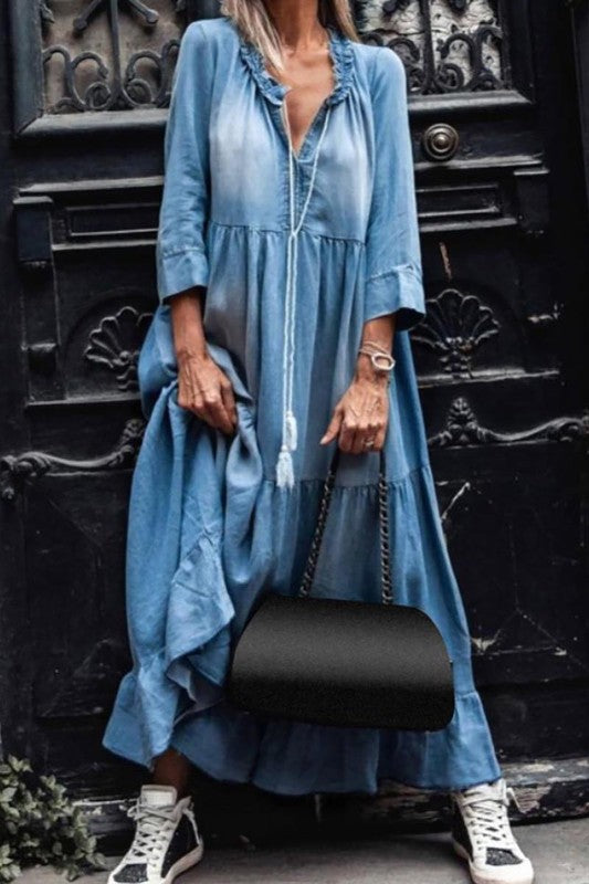 hippie denim dress 1960-70's Denim Hippie Patchwork Embellished Dress