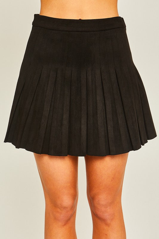 Black Faux Suede Pleated Skirt